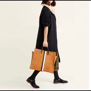CLARE V. SIMPLE TOTE - CAMEL SUEDE WITH STRIPE